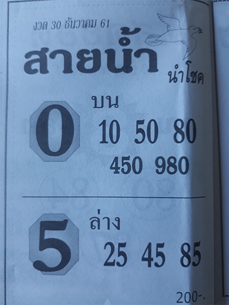 หวยสายน้ำนำโชค 30/12/61