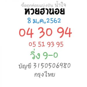 เลขเด็ดหวยฮานอย 9/1/62 ชุด 8