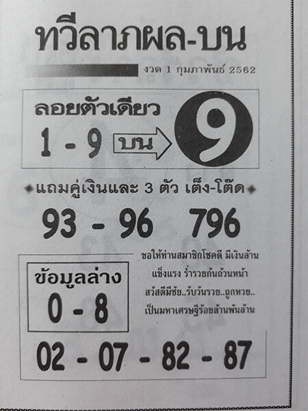 หวยทวีลาภผล 1/2/62