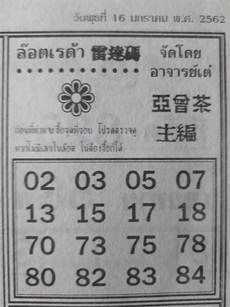 หวยล็อตเรด้า 17/1/62