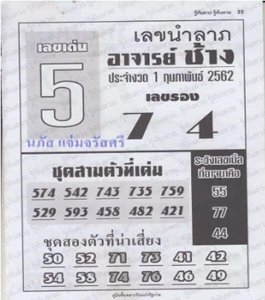 หวยเลขนำลาภอาจารย์ช้าง 1/2/62