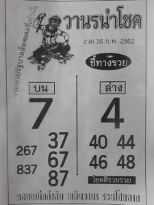 หวยวานรนำโชค 16/2/62 