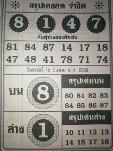 หวยสรุปเลขสดจ่าชิต 16/3/62