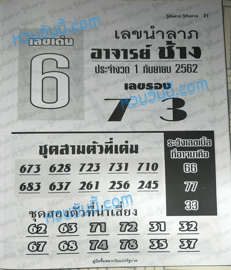 เลขนำลาภอาจารย์ช้าง 1/9/62