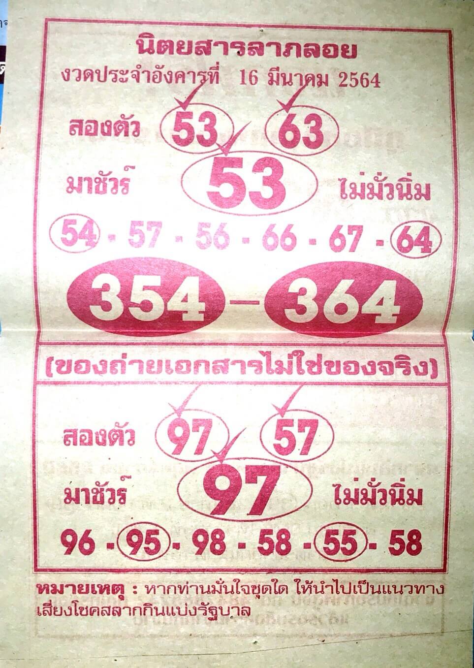 หวยลาภลอย 16/3/64