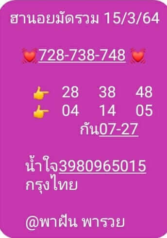 หวยฮานอยวันนี้ 15/3/64 ชุดที่2