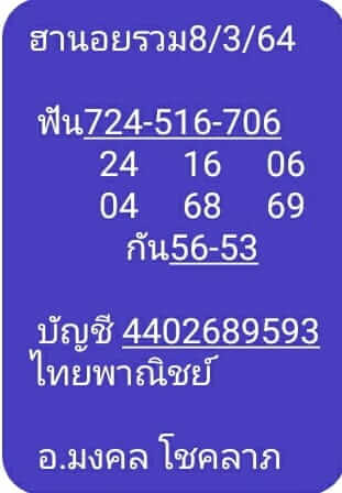 หวยฮานอยวันนี้ 8/3/64 ชุดที่1