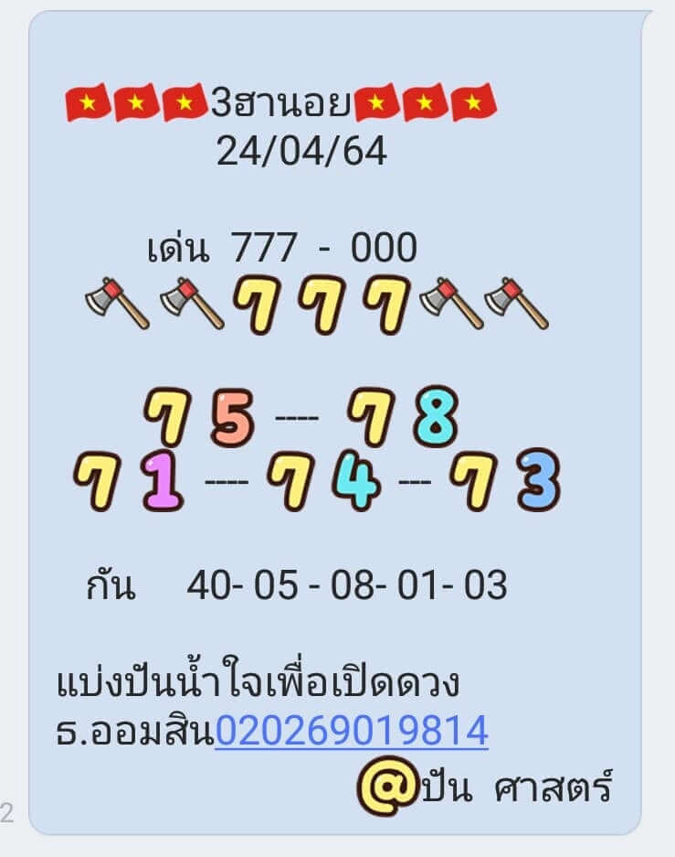 หวยฮานอยวันนี้ 24/4/64 ชุดที่12