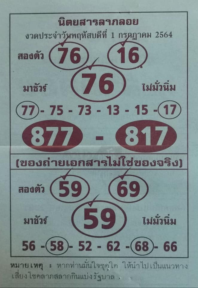 หวยนิตยสารลาภลอย1-7-64