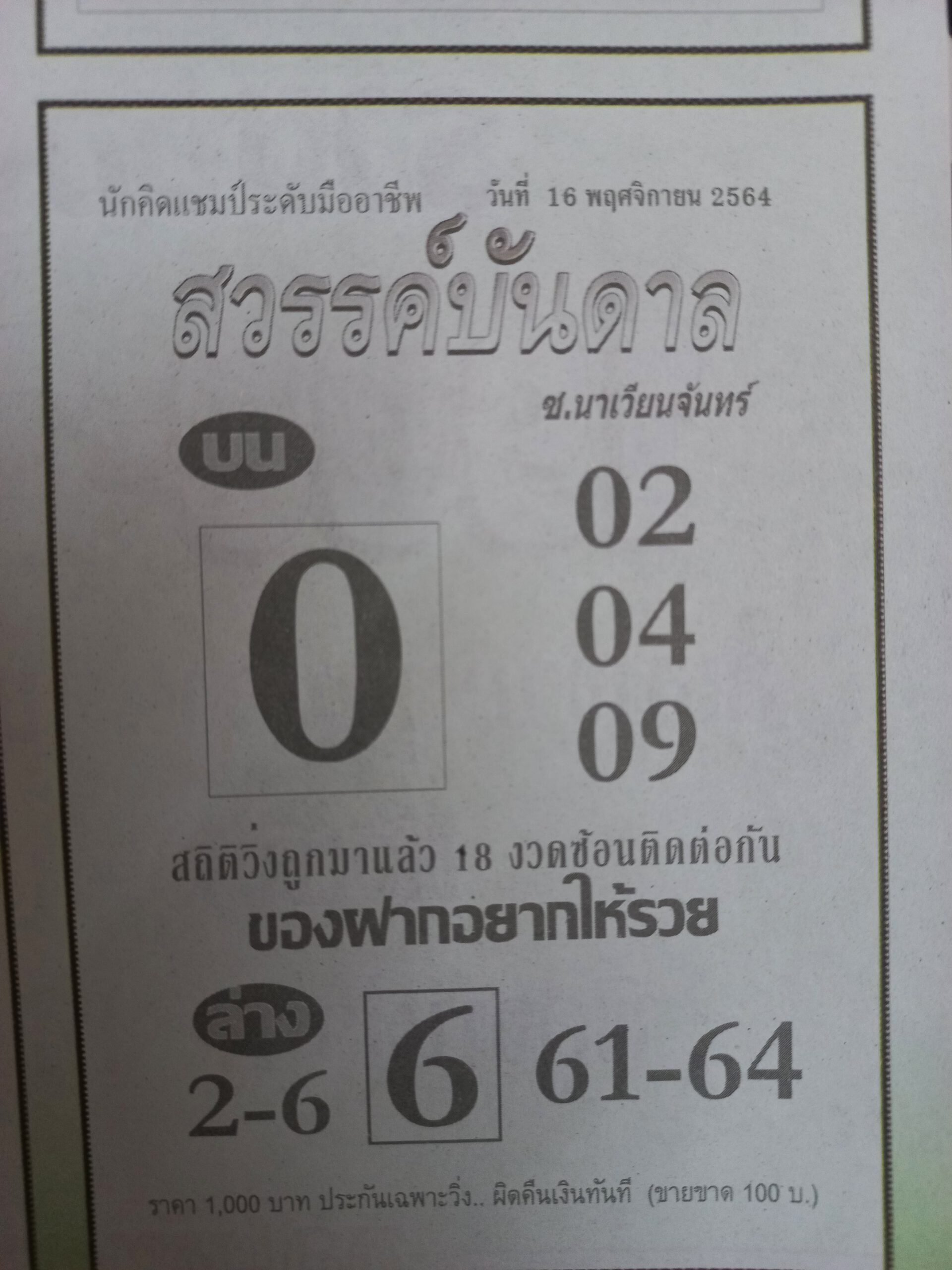 หวยสวรรค์บันดาล 16/11/64