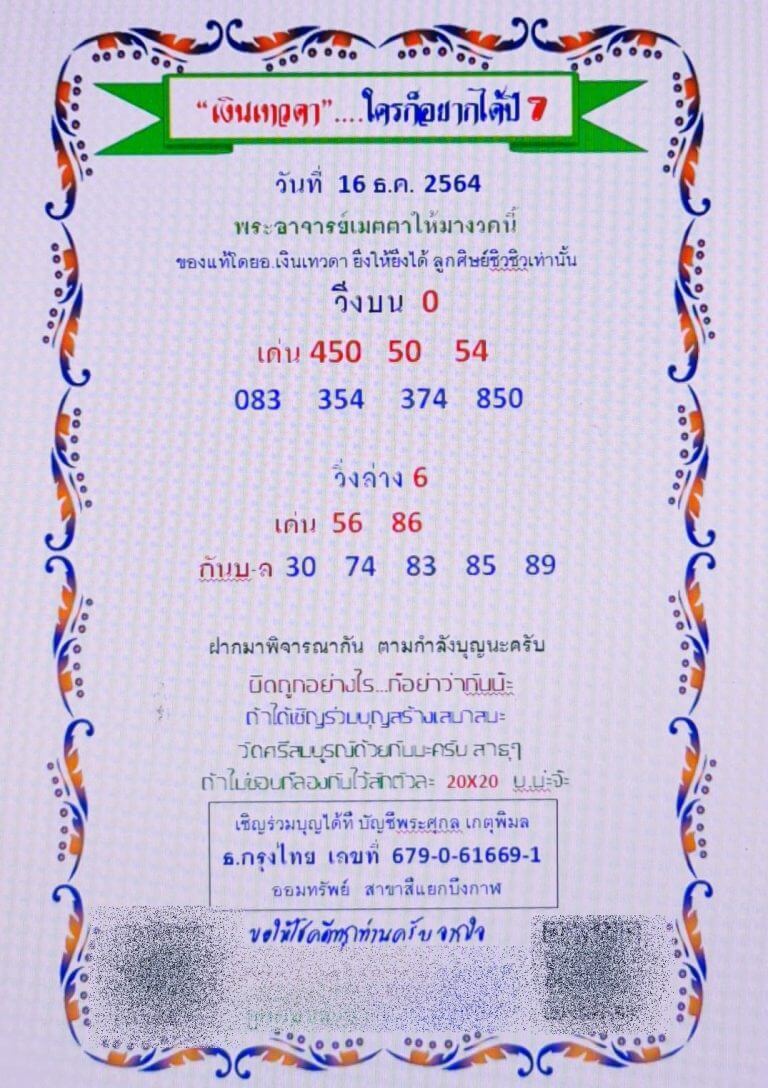 หวยเงินเทวดา 16/12/64