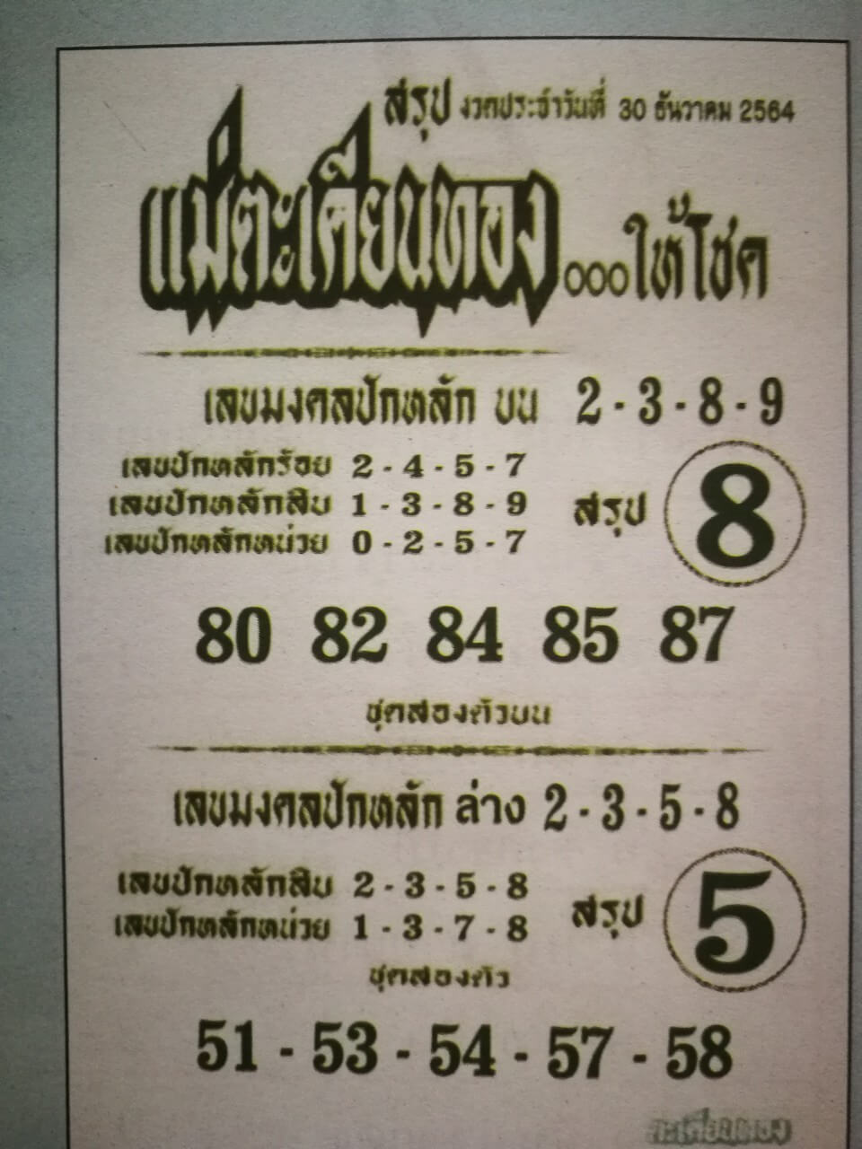 หวยแม่ตะเคียนทองให้โชค 30-12-64