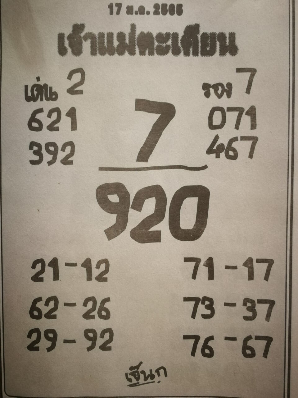 หวยเจ้าแม่ตะเคียน 17-1-65