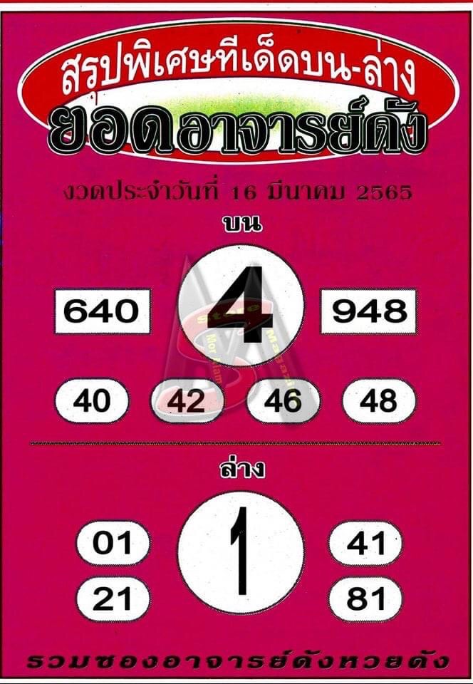 หวยยอดอาจารย์ดัง 16-3-65