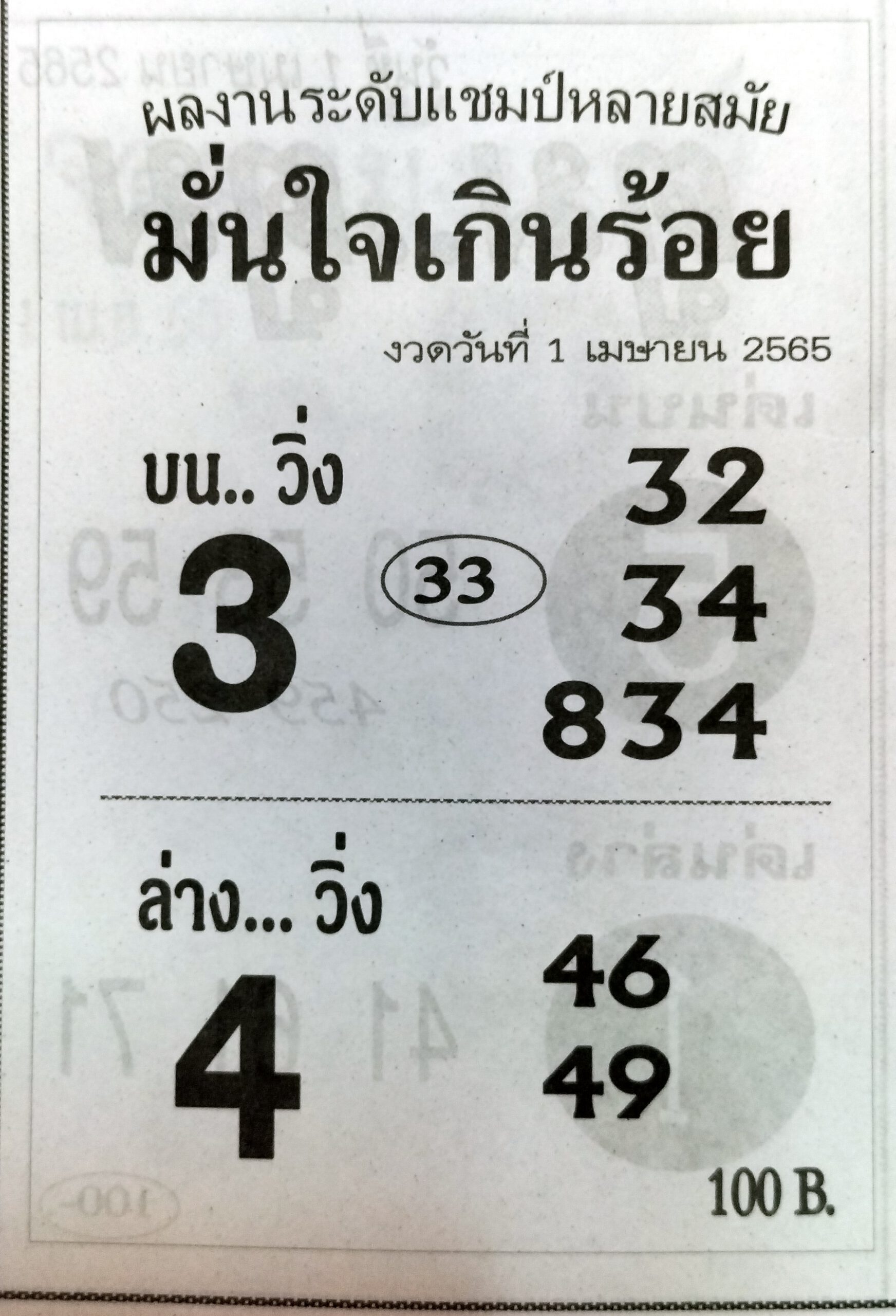 หวยมั่นใจเกินร้อย 1-4-65