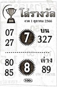 หวยโล่รางวัล 1/10/66