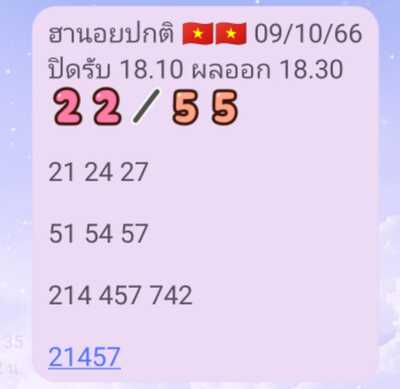 หวยฮานอยวันนี้ 9/10/66 ชุดที่ 2