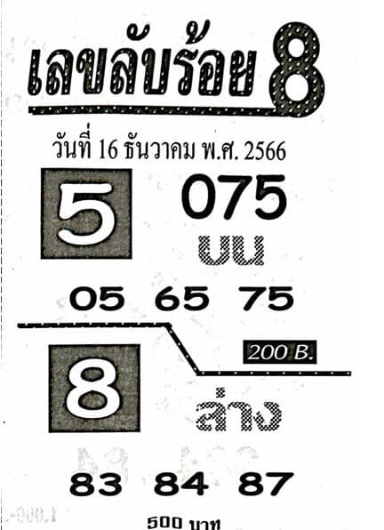 หวยเลขลับร้อยแปด 16/12/66