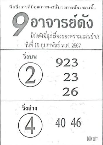 หวย9อาจารย์ดัง 16/2/67